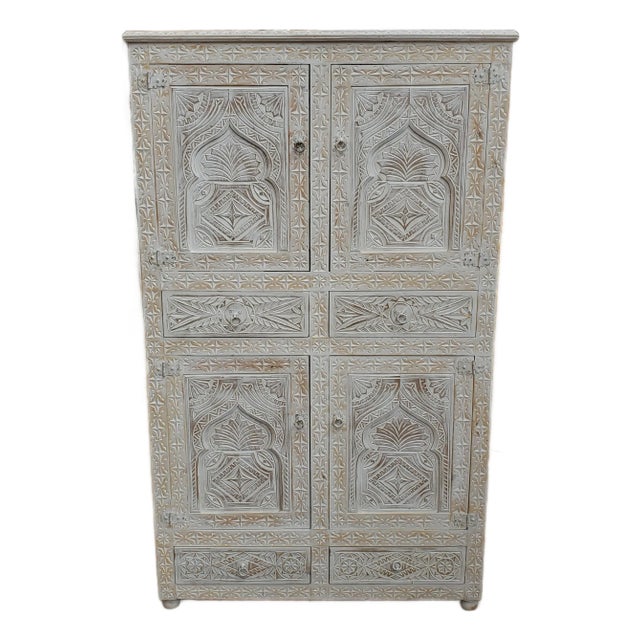 White Wash Moroccan Handmade Carved Wooden Armoire / Berber Style For Sale