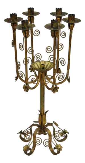 Vintage Italian Hollywood Regency Gold Gilt Iron Scrolling 6 Arm Candelabra