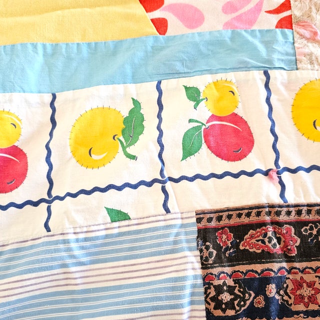 1960s Retro 1960s Handmade Quilt With Vintage Fabric Panels and Velvet Ribbon Trim For Sale - Image 5 of 9