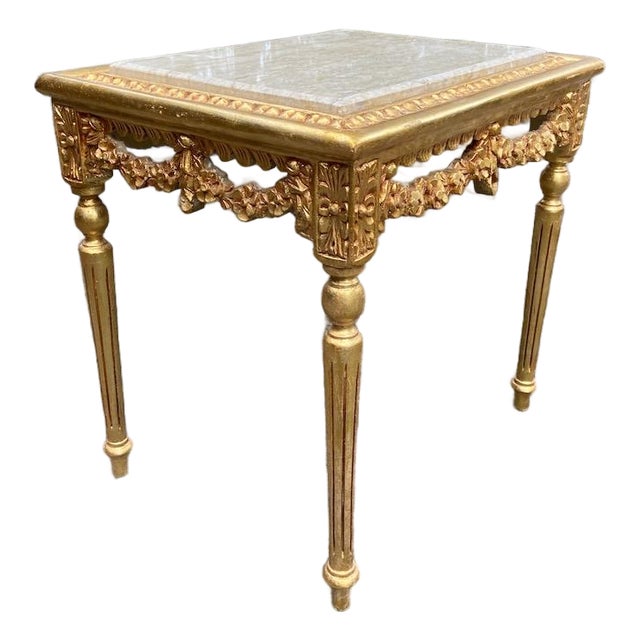 1980s French Louis XVI Gold Beech Marble Side Table For Sale