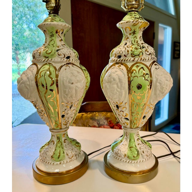 1960s Vintage Capodimonte Italian Porcelain Table Lamps Mid Century 1960s Model 301 Hollywood Regency Relief Urn - a Pair For Sale - Image 5 of 11