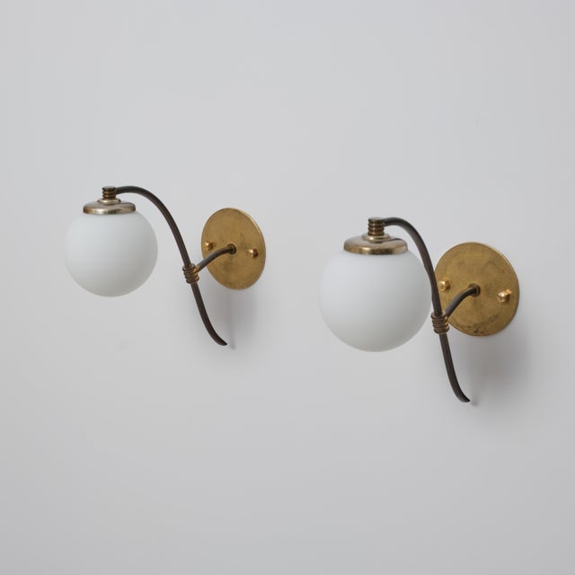 Gold Vintage Italian Brass and Opaline Globe Sconces, 1950s, Set of 2 For Sale - Image 8 of 12