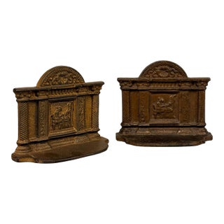 Antique Neoclassical Cast Iron "Penelope at Her Loom" Library Bookends - A Pair For Sale