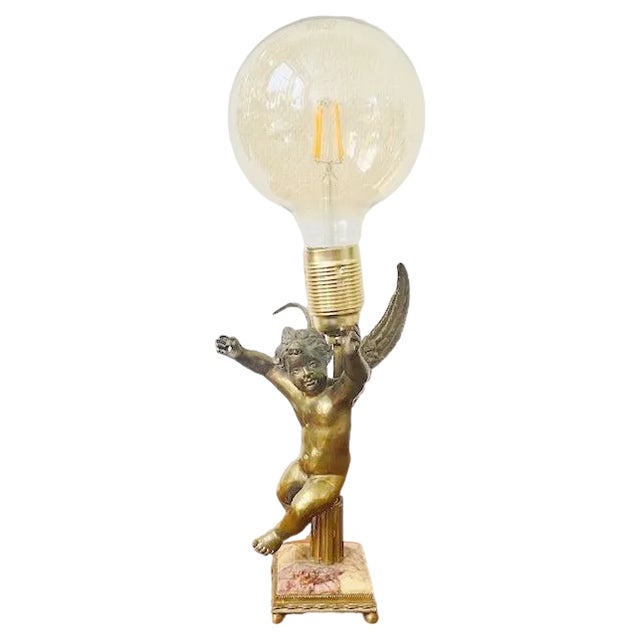 Vintage Baroque Angel Table Lamp in Brass & Marble For Sale
