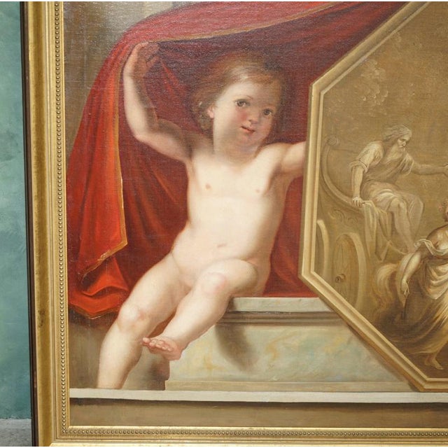This huge 19th Century Classical Oil Painting of Putti Revealing The Chariot of Apollo A wonderfully theatrical large-...