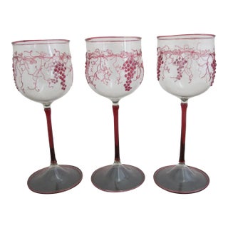 Bohemian Hand Applied Ruby Grape Vine Dainty Crystal Cordial Wine Glass Set of 3 For Sale