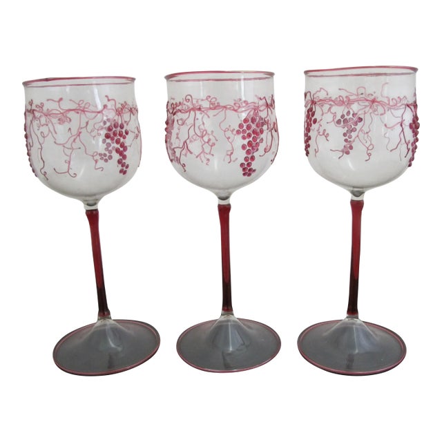Bohemian Hand Applied Ruby Grape Vine Dainty Crystal Cordial Wine Glass Set of 3 For Sale