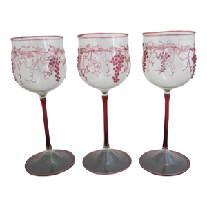 Bohemian Hand Applied Ruby Grape Vine Dainty Crystal Cordial Wine Glass Set of 3