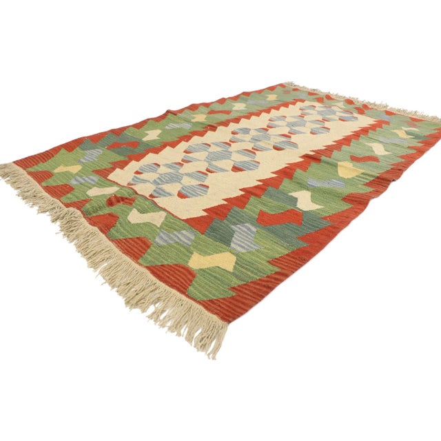 Vintage Persian Shiraz Kilim Rug with Tribal Style 03'09 x 05'07. Full of tiny details and a bold expressive design...