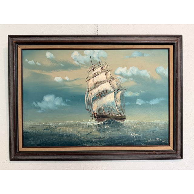 Green Large Vintage Signed Original Marine Oil Painting Tall Ship Nautical Seascape For Sale - Image 8 of 14