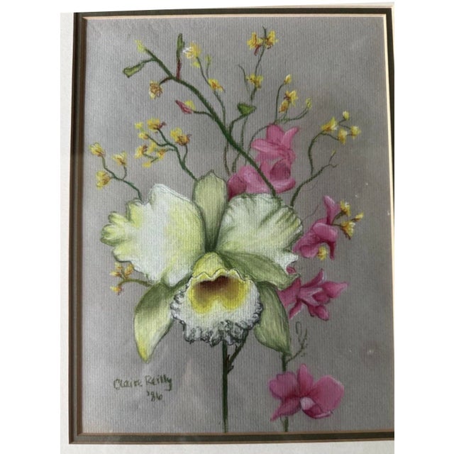 Pair of Signed 1986 Claire Reilly Botanical Pastels in Original Gilt Frames For Sale - Image 4 of 11