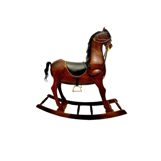 Vintage Large Heavy Wooden Rocking Horse With Brass Leather and Hair Accent For Sale - Image 4 of 8