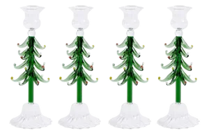 Clear & Green Holiday Tree Taper Candle Holders, Set of 4, 9.25"