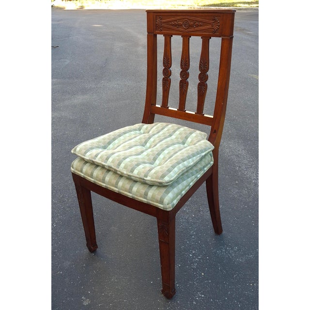 Late 20th Century Pair French Empire Mahogany With Green Beige Tufted Seat Upholstered Side Chairs For Sale - Image 13 of 14