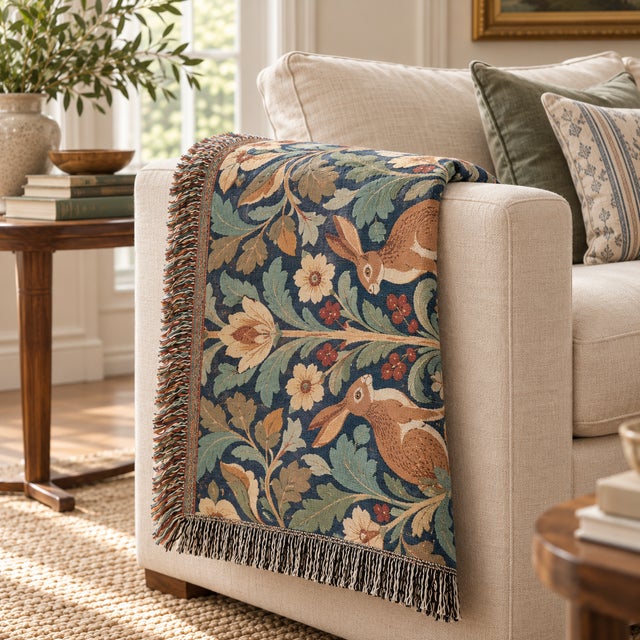 Morris & Co. Arts & Crafts Woodland Hares Botanical Woven Throw Blanket – Indigo Blue & Sage, 60 × 50 For Sale - Image 4 of 5