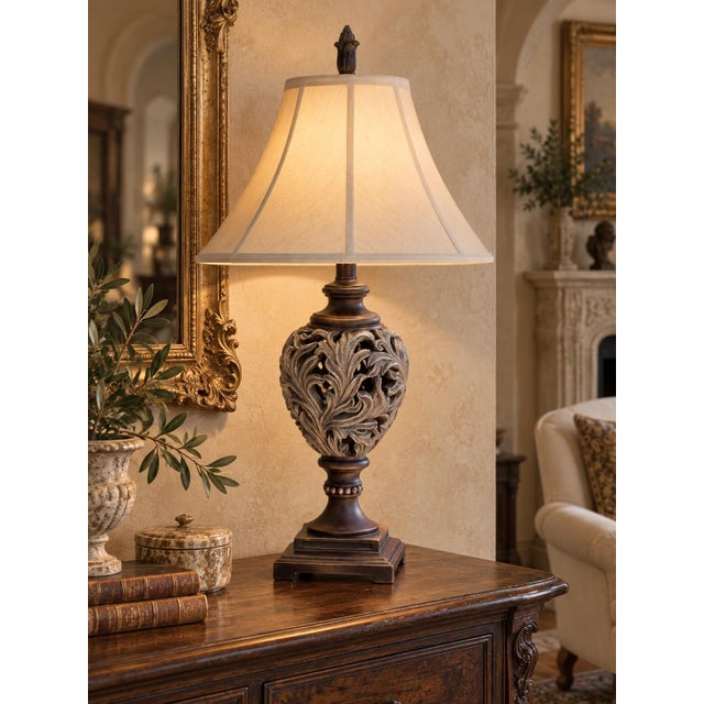 Mid 20th Century Vintage Old World Pierced Acanthus Urn Table Lamp With Original Ivory Bell Shade For Sale - Image 5 of 5