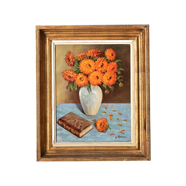 Orange French Vintage Framed Floral Still Life For Sale - Image 8 of 8