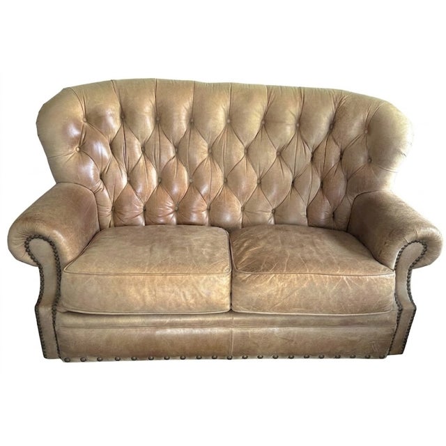 Vintage Bradington-Young Hand-Brushed Aniline Leather Tufted English Club Suite With Wingback Chair, Ottoman and Loveseat For Sale - Image 14 of 14