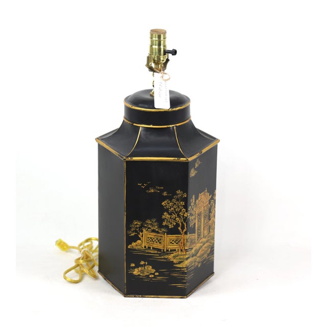 Vintage English Hand Painted Chinoiserie Hexagonal Tea Can Table Lamp