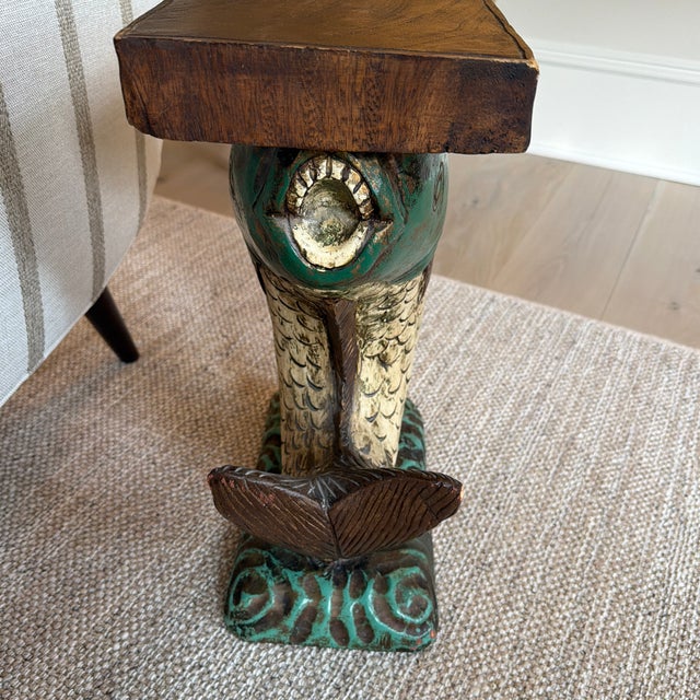 Wood Vintage Hand Carved Painted Wooden Koi Fish Side Table/Pedestal. For Sale - Image 7 of 12