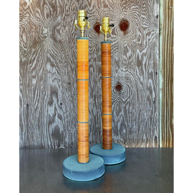 Vintage Coastal Wrapped Pencil Reed Column Lamps - a Pair For Sale - Image 9 of 10
