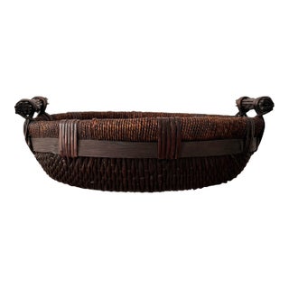 Antique Chinese Rattan Market Basket | Mid-Century Southern China Folk Art Basket With Bundle Handles For Sale