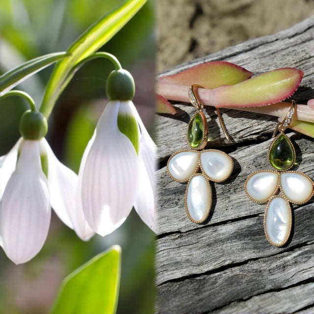 Contemporary Kai SnowDrop Flower Peridot & Mother of Pearl Diamond Convertible Drop Earrings in 14k Yellow Gold - A Pair For Sale - Image 3 of 7