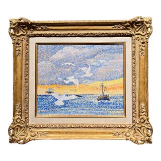 Yvonne Canu –Seagulls at Sunset (Les Mouettes)- French Pointillist Seascape-Oil Painting For Sale