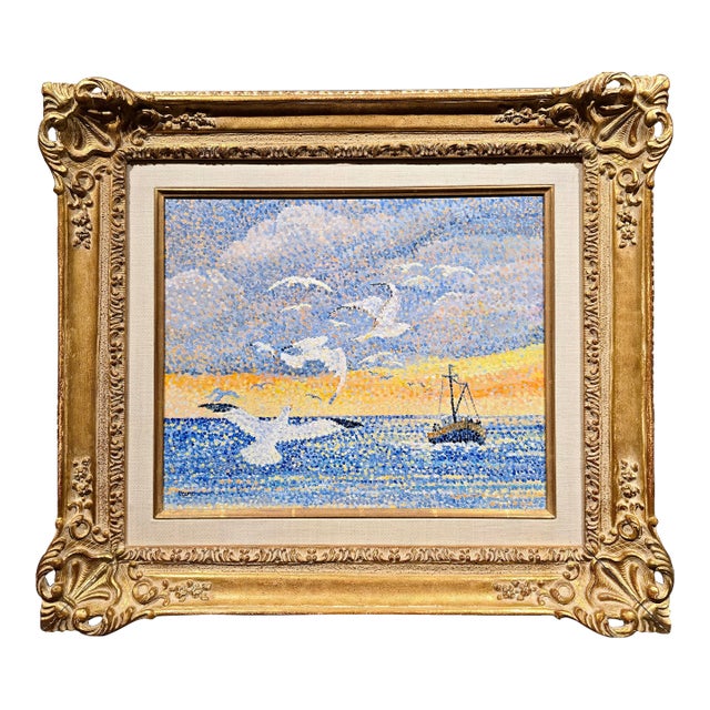 Yvonne Canu –Seagulls at Sunset (Les Mouettes)- French Pointillist Seascape-Oil Painting For Sale