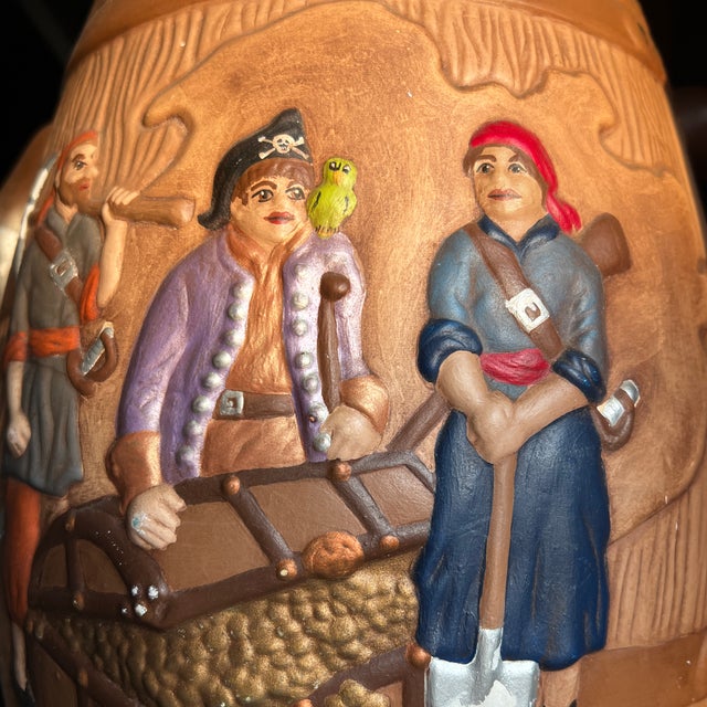 Vintage Mid 20th Century, MCM hand painted Ton Chau pirate ceramic barrel. Could be used as a jar or beverage dispenser...
