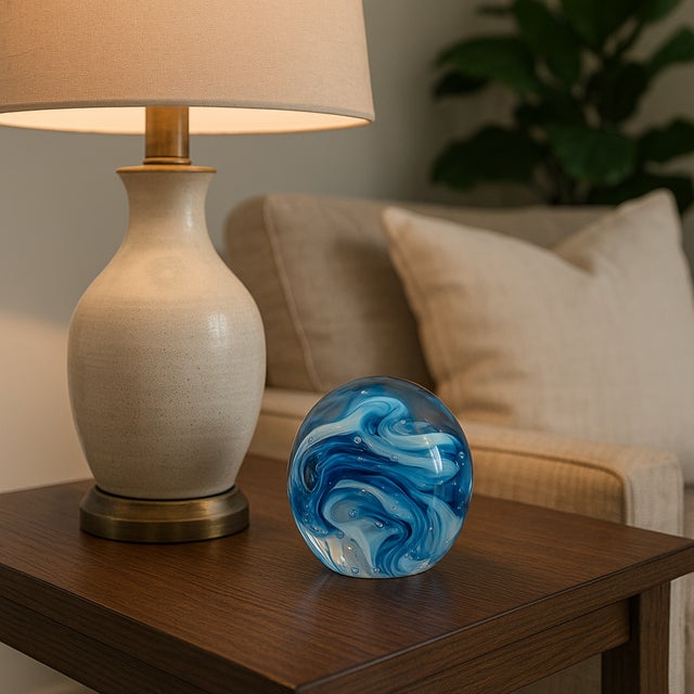 Signed Vintage Handblown Glass Paperweight With Blue & White Ribbon Swirl, 2003 For Sale - Image 11 of 11