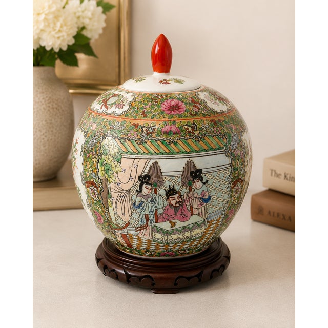 Large Chinese Famille Rose Porcelain Ginger Jar With Lid & Carved Hardwood Stand – Court Scene & Phoenix Motif For Sale - Image 6 of 6