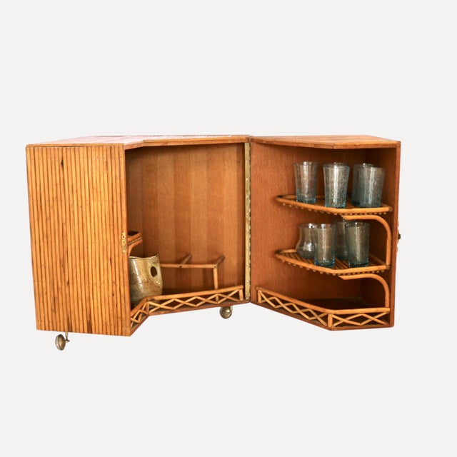 Corner Rattan Bar with Triangular Patterned Top, Brass Hardware and Casters and Wooden Interior with Shelves, Italy,...