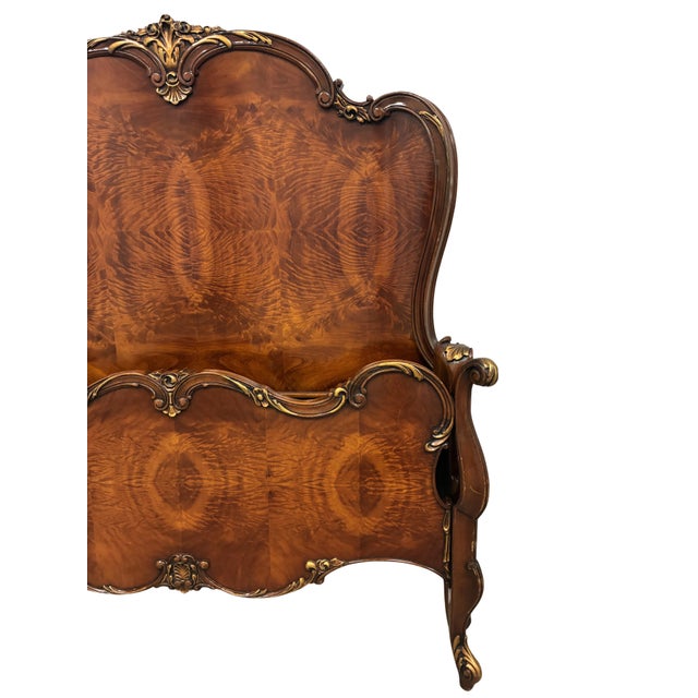 Brown Antique French Louis XV Style Flame Mahogany Twin Bed Frame With Gilt Carved Accents For Sale - Image 8 of 8