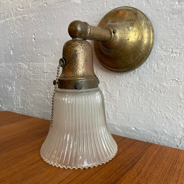 Industrial Antique Industrial Brass Wall Sconce With Acid-Etched Ribbed Glass Shade For Sale - Image 3 of 10