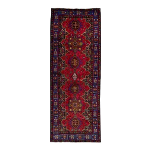 1960s Vintage Persian Heriz Blue Handmade Medallion Wool Runner