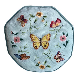 Vintage Butterfly and Floral Themed Blue-Green Octagonal Needlepoint Throw Pillow For Sale
