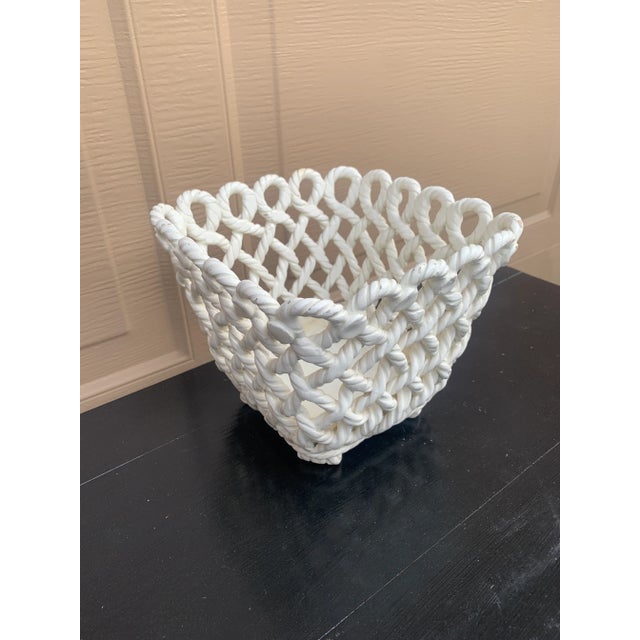1980s 1980s French Country White Ceramic Woven Rope Cachepot Basket For Sale - Image 5 of 12