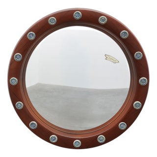 Wooden Round Mirror with Turquoise Ceramic Studs by Deknudt, Belgium, 1960s For Sale