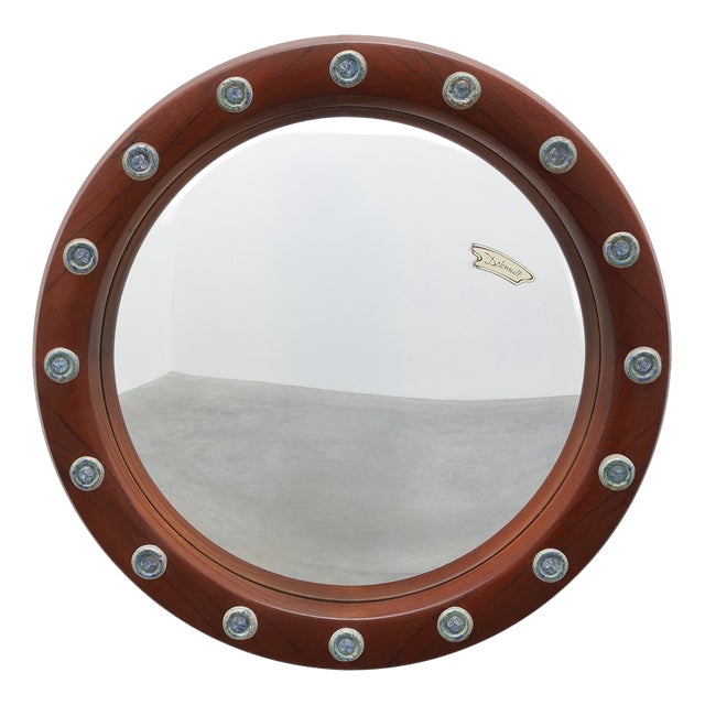 Wooden Round Mirror with Turquoise Ceramic Studs by Deknudt, Belgium, 1960s For Sale