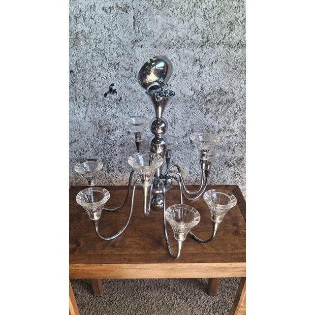 Tulip-Shaped Chandelier in Chrome Metal and Thick Glass, 1930s For Sale - Image 4 of 17