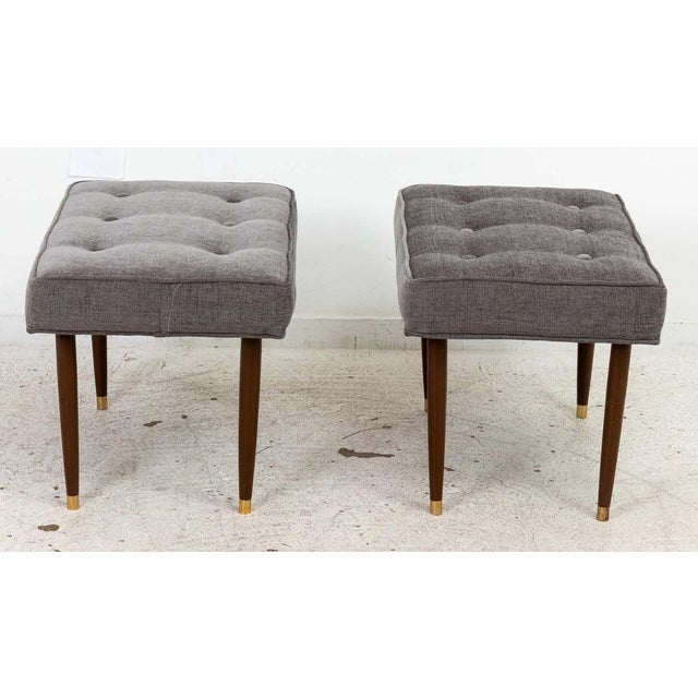 Gray Mid Century Benches With Walnut Legs and Brass Sabots For Sale - Image 8 of 11