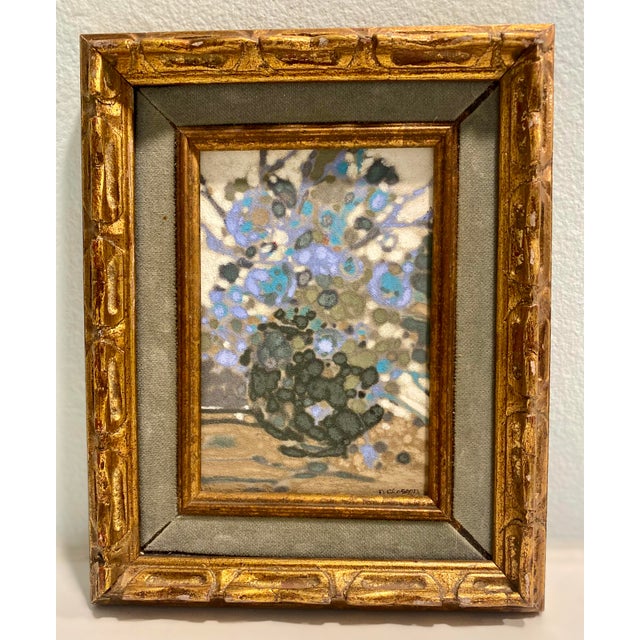 Small abstract style flower painting by listed North Carolina artist Nanci Blair Closson. Oil on board measures 5” x 7”....