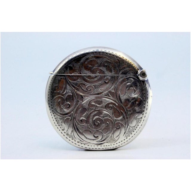 Metal Circular Silver Matchbox with Engraved Plant Motifs and Monogram Card For Sale - Image 7 of 9