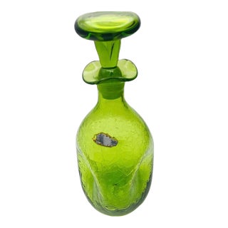 Vintage Mid-Century Modern Blenko #49 Lime Crackle Glass Pinched Decanter – Winslow Anderson – Silver Foil Label & Stopper For Sale