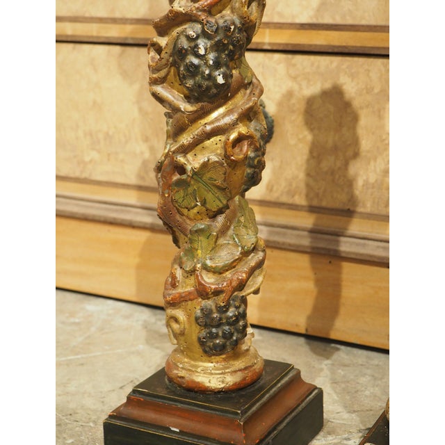 Italian Pair of 17th Century Italian Giltwood and Polychrome Grape Leaf Table Columns For Sale - Image 3 of 18