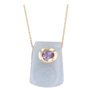Amethyst Green Jadeite Jade Good Luck Pendant Necklace 14k Yellow Gold 17.5" For Sale