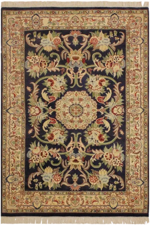 1990s Art Nouveau Anarkali Blue/Ivory Wool Rug - 4'0 X 6'1