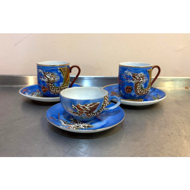 Moriage Dragonware Porcelain Japanese Cups & Saucers Set of 3 For Sale - Image 6 of 6