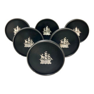 Vintage Nautical Silver Ship Coasters – Swedish Lerstorp Black Bakelite/Isolite Scandinavian Barware - Set of 6 For Sale